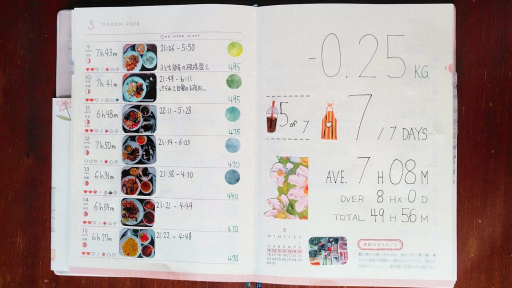 3月2週目のダイエット記録手帳のページを開いた画像