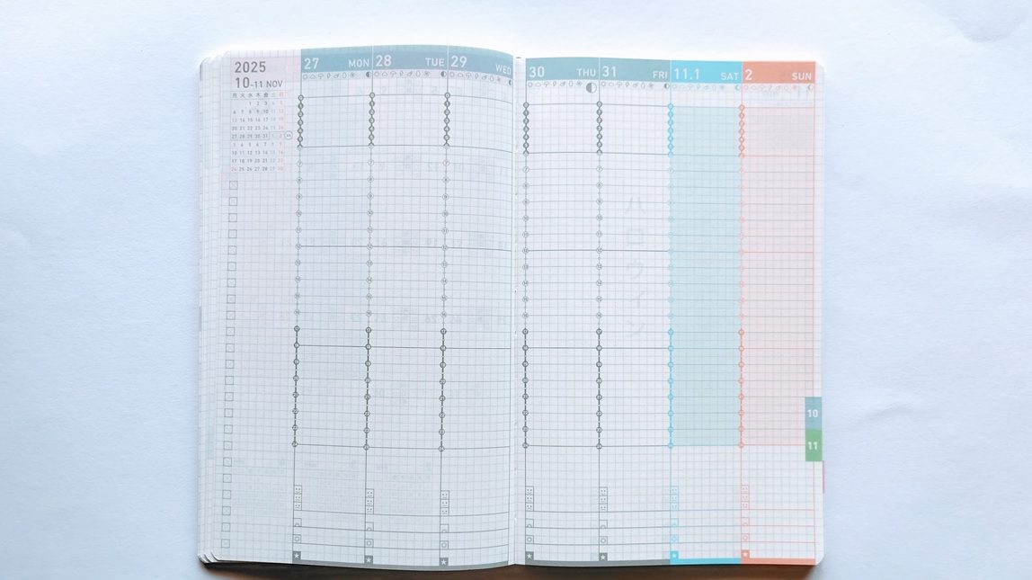 ジブン手帳mini 2026のウィークリーバーチカル（0〜24時）見開き